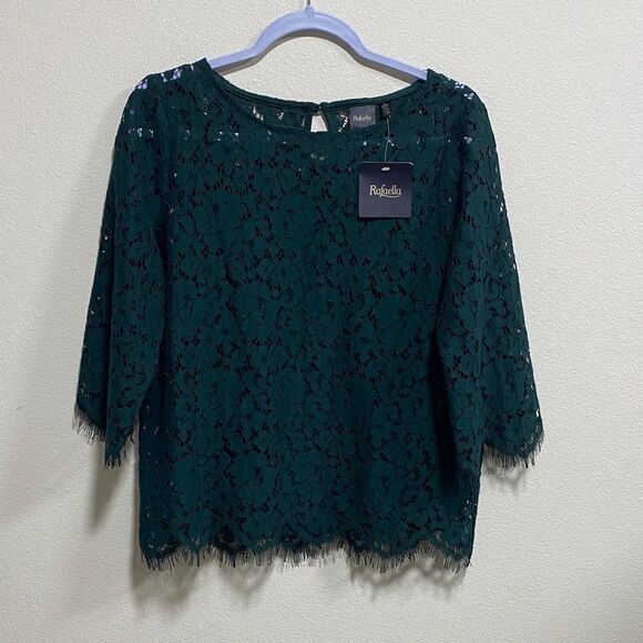Rafaella‎ Deep Jade Green Lace Scalloped Hem Top w/ Cami | Size Small NWT - Picture 4 of 12